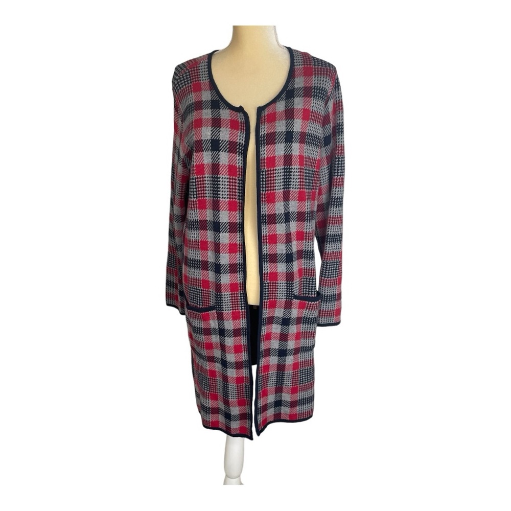 Jones New‎ York Signature Plaid Long Line Cardigan Red Gray Size XL